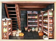 the shelves are filled with many different types of condiments and food in baskets