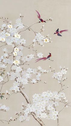 two birds sitting on top of a tree with white flowers in front of a beige background