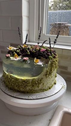 a cake sitting on top of a white plate in front of a window covered in frosting