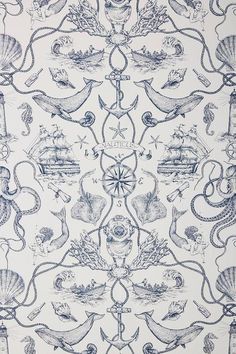 a blue and white wallpaper with an octopus, ship, seahorses and other marine creatures