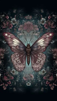 a large butterfly sitting on top of a flowery wallpaper covered in pink and purple flowers