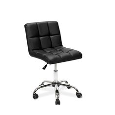 an office chair with wheels and black leather upholstered on the back, viewed from the front