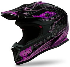 the helmet is designed to look like it has been painted with purple and black designs