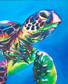 a painting of a turtle on a blue background