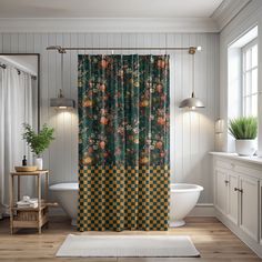 a bathroom with a bathtub, sink and shower curtain in the middle of it