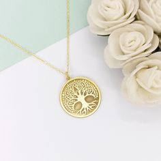 14k Solid Gold Tree Of Life Necklace Charm For Women, Tree Of Life Disc Pendant, Yggdrasil Necklace, Celtic Jewelry, Engraved Tree Of Life  ⬇️ Click for other chain models: ⬇️ https://www.etsy.com/listing/1699020677/chain-necklace-925-sterling-silver-chain?click_key=90aca993e7f19c24d0ee2642cd1c7d0d1b4eb76f%3A1699020677&click_sum=b6dc47ca&ref=shop_home_active_20&pro=1&sts=1 🔎 Material: in 925 sterling silver and 14k solid gold ⛓️📏 Chain length: 17.7 inches (45cm), 19.6 inches (50cm), 21,6 inche Sterling Silver Yellow Gold Tree Of Life Necklace, Yellow Gold Sterling Silver Tree Of Life Necklace, Tree Of Life Jewelry Gift, Engraved Gold Nature-inspired Necklace, Nature-inspired Yellow Gold Nickel-free Jewelry, Nature-inspired Engraved Gold Necklace, Symbolic Gold Jewelry With Tree Of Life, Tree Of Life Round Pendant Jewelry Gift, Nature-inspired Nickel Free Gold Necklace