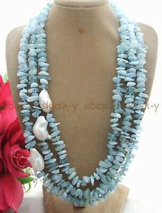 18-20'' 3 Rows Blue Aquamarine Gravel Beads & White Keshi Baroque Pearl Necklace | eBay Keshi Pearl Necklace, Stone Bead Jewelry, Beads Craft Jewelry, Cheap Necklaces, Beaded Necklace Designs, Aquamarine Necklace, Stone Beaded Necklace, Cultured Pearl Necklace, Baroque Pearl Necklace