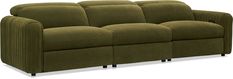 the reclining sofa is made from fabric and has three seats, one arm folded back to