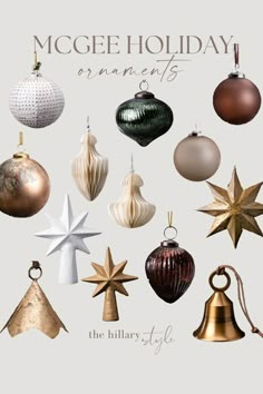 an assortment of christmas ornaments hanging from strings and stars on a white background with the words,