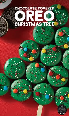 an advertisement for oreo christmas tree cookies on a red background with the words, chocolate covered oreo christmas tree