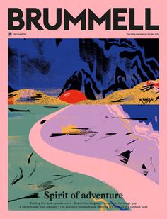 the cover of brummell magazine featuring an image of a river and mountains