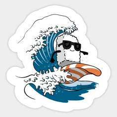 a cartoon sheep wearing sunglasses riding a surfboard in the ocean with a wave behind him