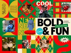 a collage of christmas and new year's items with the words bold & fun