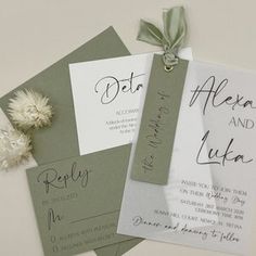 three wedding stationery cards with flowers on them, one is green and the other is white