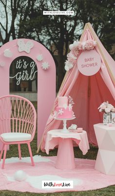 a pink baby shower is set up with chairs and a teepee tent for it's girl