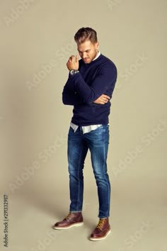 Stock Image: Handsome Charming Fashionable Young Adult Man with Blue Chic Elegant Autumn - Winter Outfits 40 Yr Old Mens Fashion, Men’s Fashion Over 40, Men’s French Fashion, Men Chic Outfit, Preppy Mens Outfits, Business Casual Men Winter, Fashion Outline, Dad Outfits, Wardrobe Men