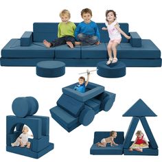 three children sitting on a blue couch with different shapes and sizes to fit into it