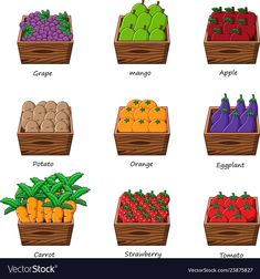 different types of fruits and vegetables in wooden boxes