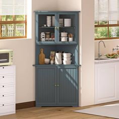 a kitchen with blue cabinets and white appliances