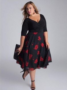 Mid-Sleeve V-Neck High Waist Printed Plus Size Dress Valentine's Dress, Teresa Oman, Best Cocktail Dresses, Semi Formal Outfits, Sukienki Plus Size, 파티 드레스, Plus Size Formal