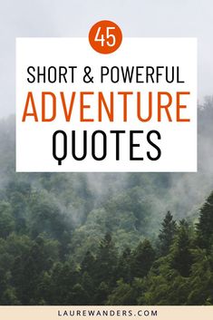 the words, short and powerful adventure quotes on top of a mountain with trees in the background