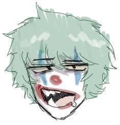 a drawing of a clown with green hair and blue eyes