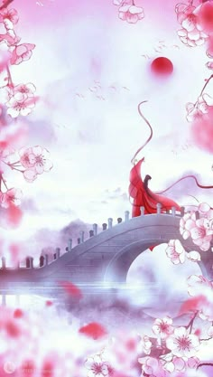 a woman standing on top of a bridge surrounded by cherry blossom trees in the sky