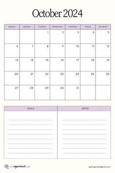 the october calendar is shown in purple and white, with dates for each month on it