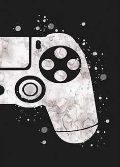 a black and white drawing of a video game controller in the air with bubbles around it