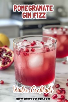 pomegranate gin fizz in a glass with ice and garnish