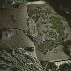 an open book with flowers and plants on it sitting next to yarn, scissors and other items