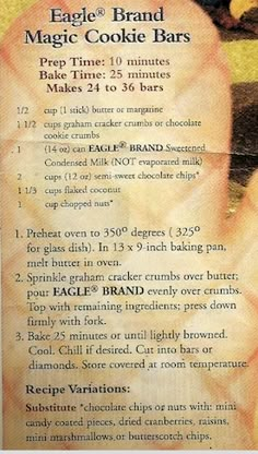 an advertisement for eagle brand magic cookie bars on the back of a card with instructions