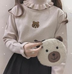 Cute Bear Embroidered Ruffled Turtleneck Sweater – Tomscloth Cute Beige Winter Tops, Cute Long Sleeve Sweater With Ruffles, Cute Winter Tops For School, Casual Ruffled Tops For School, Long Sleeve Ruffled Tops For School, Long Sleeve Ruffle Tops For School, Cute Ruffled Winter Sweater, Cute Winter Sweater With Ruffles, High Neck Pullover