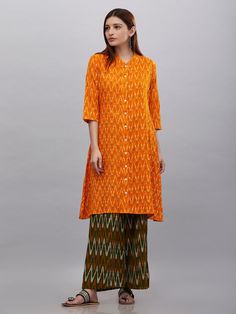 Buy Orange Olive Green Ikat Cotton Kurta with Palazzo - Set of 2 online at Theloom Kurta With Palazzo, Green Ikat, Cotton Kurtis, Palazzo Set, Cotton Kurta, Indian Designer Wear, Ethnic Wear, Designer Wear, The Loom