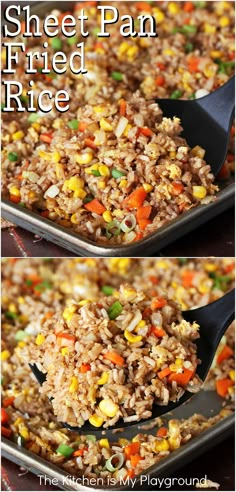 Pan of Sheet Pan Fried Rice and serving it with a spatula Pork Stir Fried Rice, Sheet Pan Fried Rice Damn Delicious, Stir Fry Rice With Chicken, Stir Fry Easy Recipe, One Pan Stir Fry, Baked Stir Fry Chicken, Asian Rice Stir Fry, Oven Stir Fry Chicken, Stove Top Fried Rice