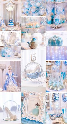 a collage of blue and white wedding theme with birdcage, shoes, cake