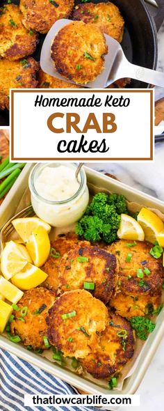 homemade keto crab cakes in a pan with lemon wedges and broccoli