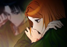 an anime character with red hair and green eyes is holding his arm around another character's neck