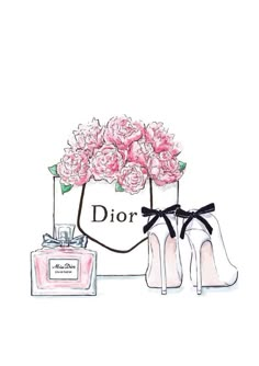 a drawing of shoes and perfume bottle with flowers in the bag next to it, which says dior