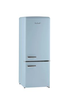 a blue refrigerator freezer sitting on top of a white floor next to a wall