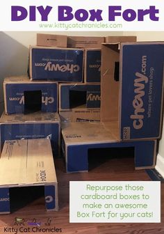 several cardboard boxes stacked on top of each other with the words diy box fort