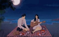 a man and woman sitting on a picnic blanket playing the ukulele at night