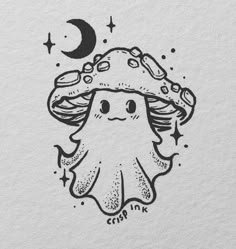 an ink drawing of a mushroom with stars and moon on it's head, in the