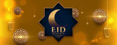 the eid mubarak logo is displayed on a gold background with hanging lanterns