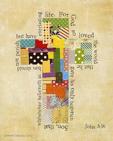 the cross is made up of many different types of fabric and paper, with words on it