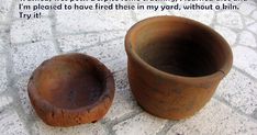 two clay pots sitting on top of a stone floor next to each other with a poem written in the middle