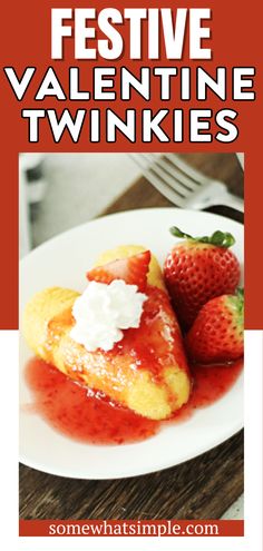 a white plate topped with strawberry shortcakes and whipped cream next to strawberries