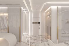 a white room with gold trim and marble floors