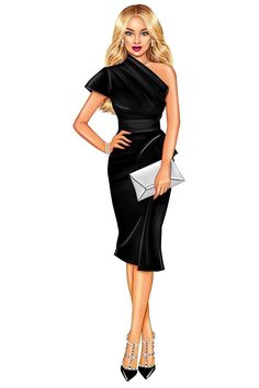 a drawing of a woman in a black dress with her hands on her hips and holding an envelope