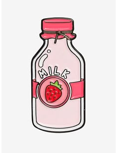 a pink glass bottle with a strawberry on the side and milk in it's mouth